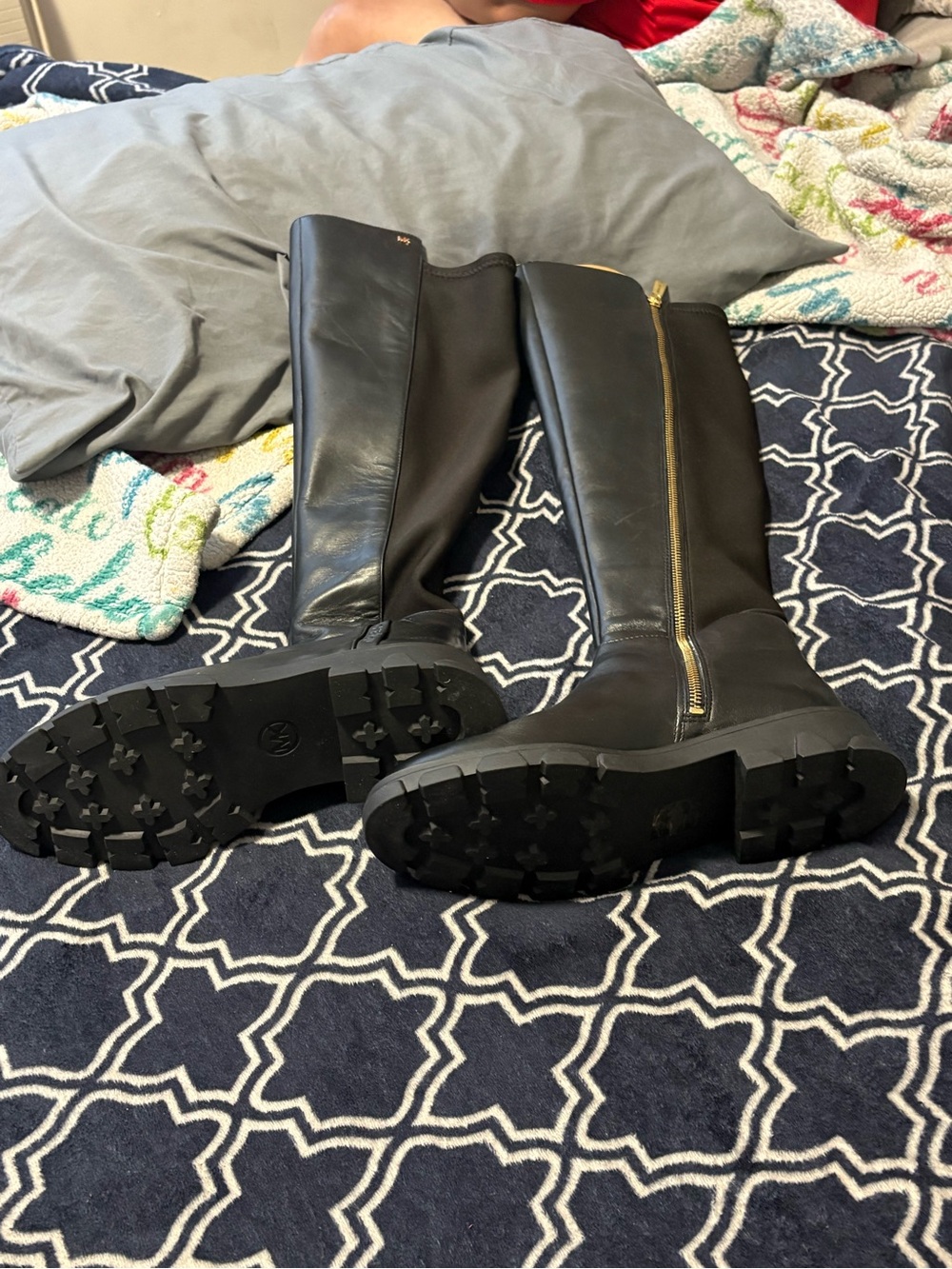 Michael Kors Black Leather Over-the-Knee Boots with Gold Zip